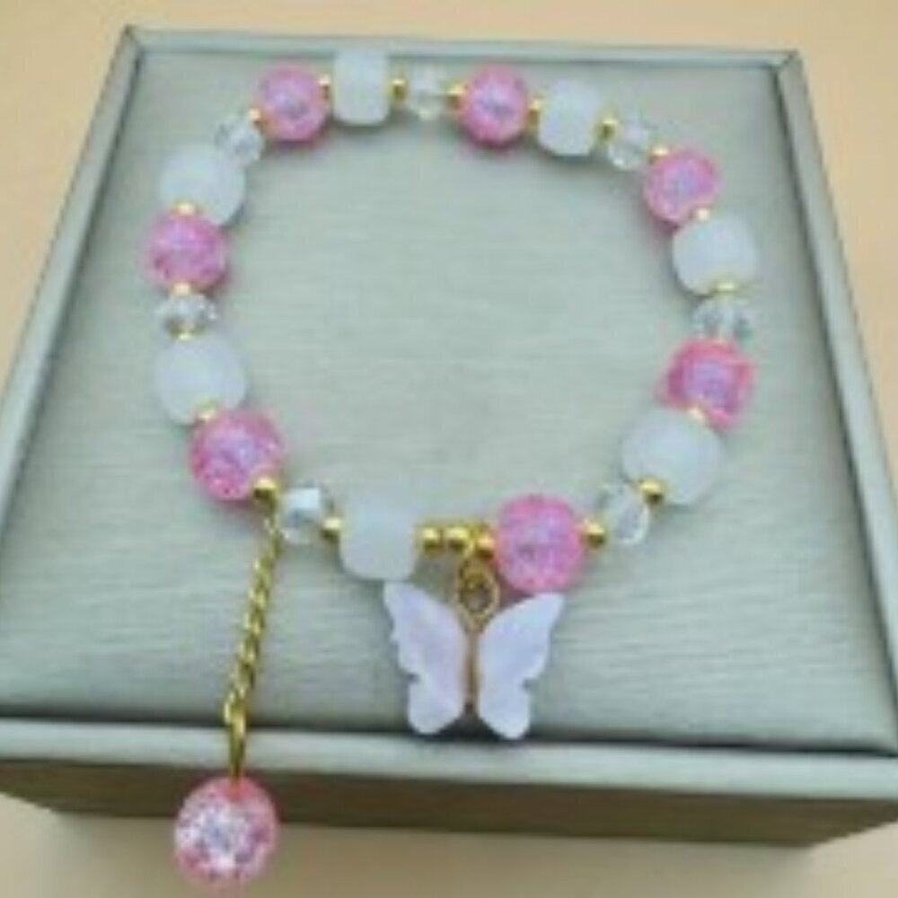 Chic Butterfly Charm Stretch Bracelet With Sparkling Colorful Glass Beads